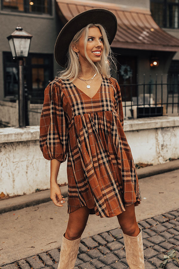 Yearn For More Plaid Babydoll Dress in Camel Image - 4