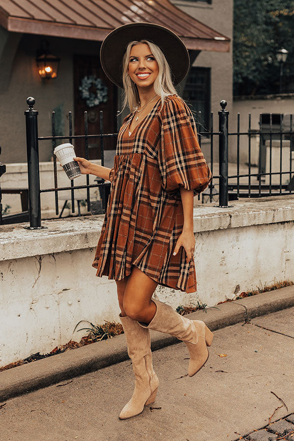 Yearn For More Plaid Babydoll Dress in Camel Image - 5