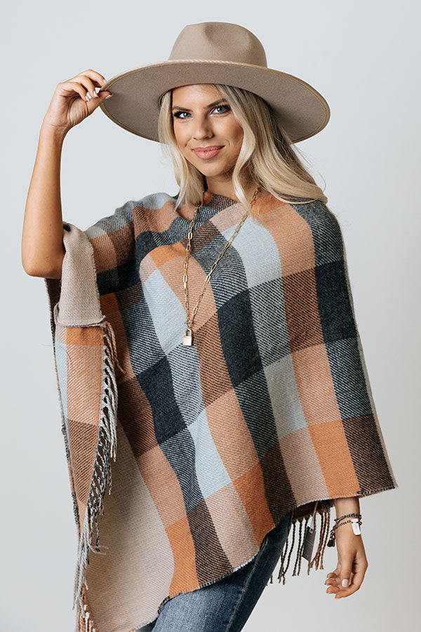 Key To Cozy Plaid Poncho In Light Pumpkin Image - 2