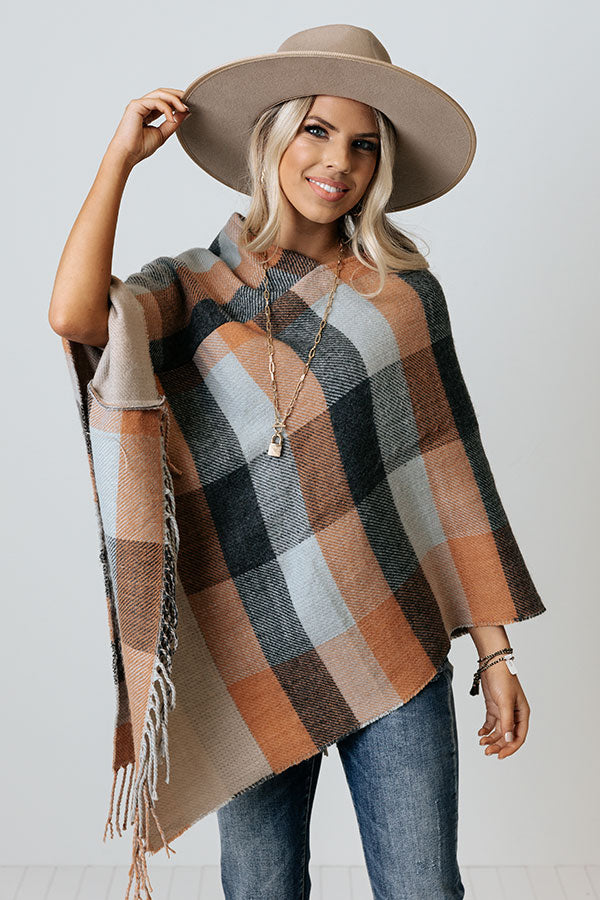Key To Cozy Plaid Poncho In Light Pumpkin Image - 4