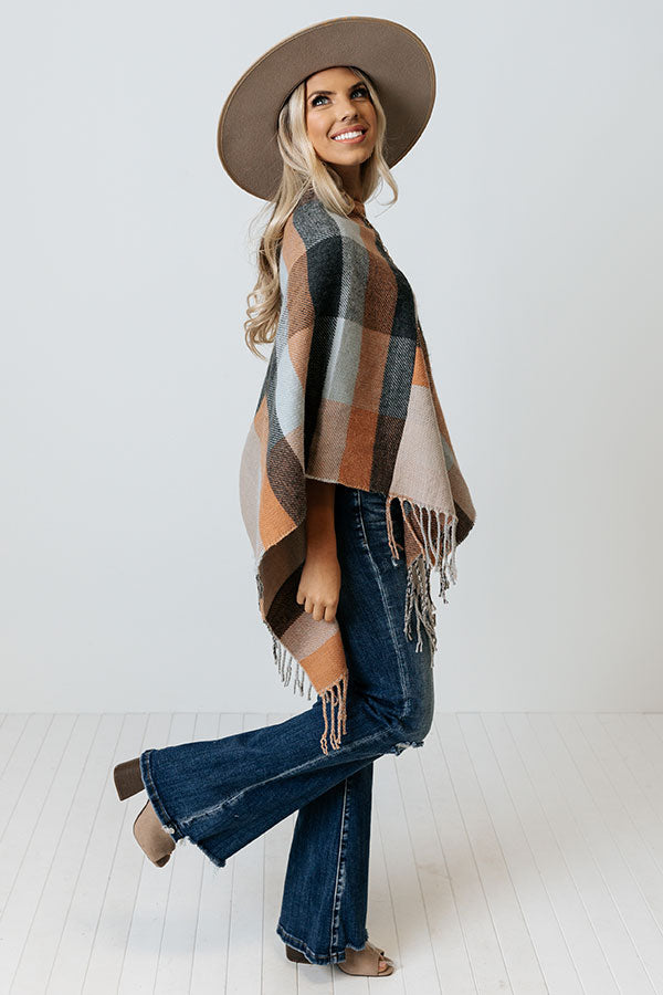 Key To Cozy Plaid Poncho In Light Pumpkin Image - 5