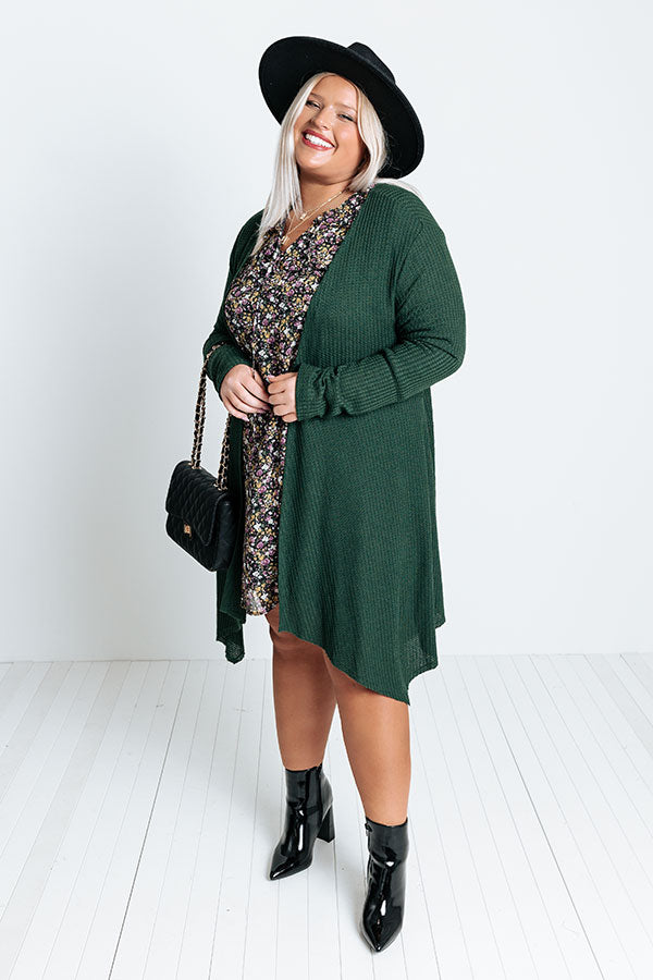 Coolest Feeling Waffle Knit Cardigan In Hunter Green Curves