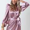Flowing Champagne Satin Wrap Dress In Dusty Purple Image - 1