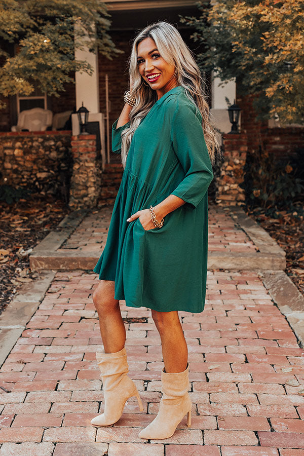 Amoretu Women's Long Sleeve Tunic Dress - V Neck Flowy Swing Dress, Green, Size L