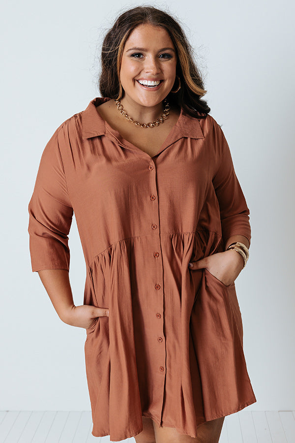 Always On Time Babydoll Tunic Dress In Rust Curves