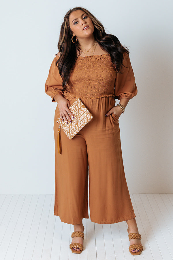 Moon Phase Smocked Jumpsuit In Camel Curves