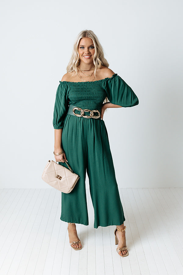 Moon Phase Smocked Jumpsuit In Hunter Green