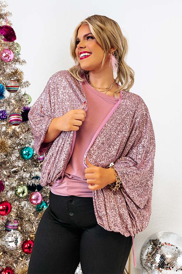 Ritzy Bliss Sequin Cardigan In Blush Curves