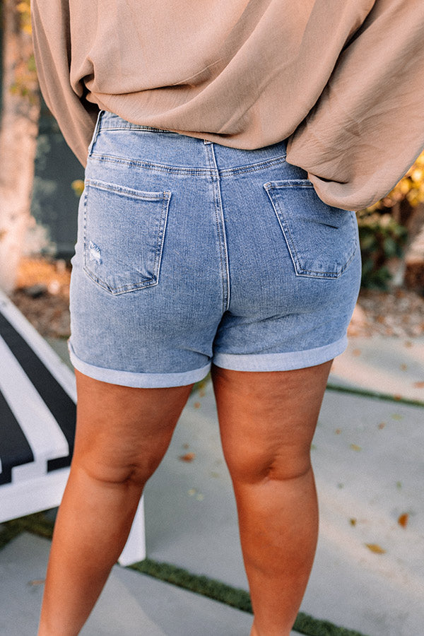 Blue Charm Mid Thigh Tight Shorts The Sandee Midrise Distressed