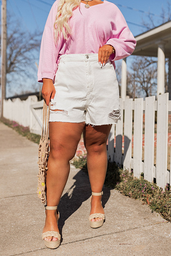 The Posha High Waist Distressed Shorts In Ivory Curves
