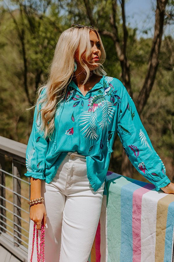 Spotted In Santorini Embroidered Shift Top In Turquoise