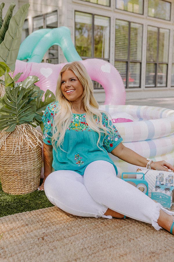 SanFran Sunshine Embroidered Top In Turquoise Curves Image - 1