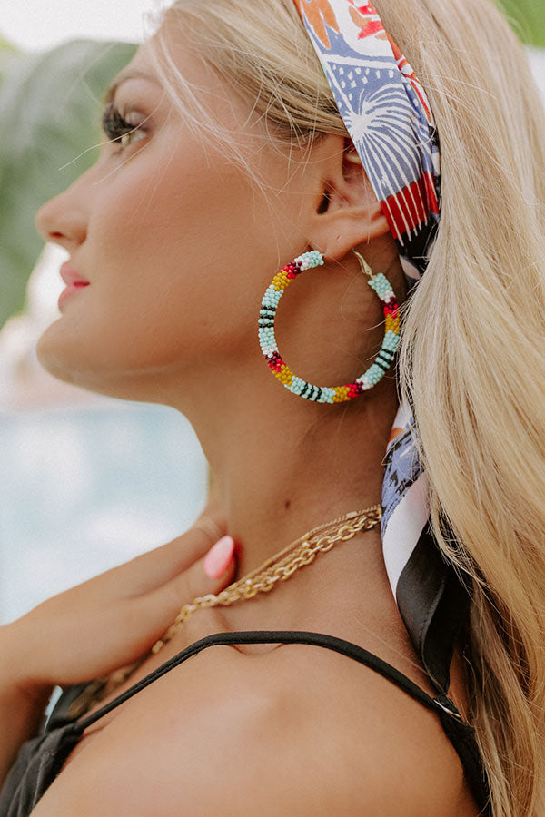 Santorini Season Beaded Hoop Earrings In Aqua Image - 2