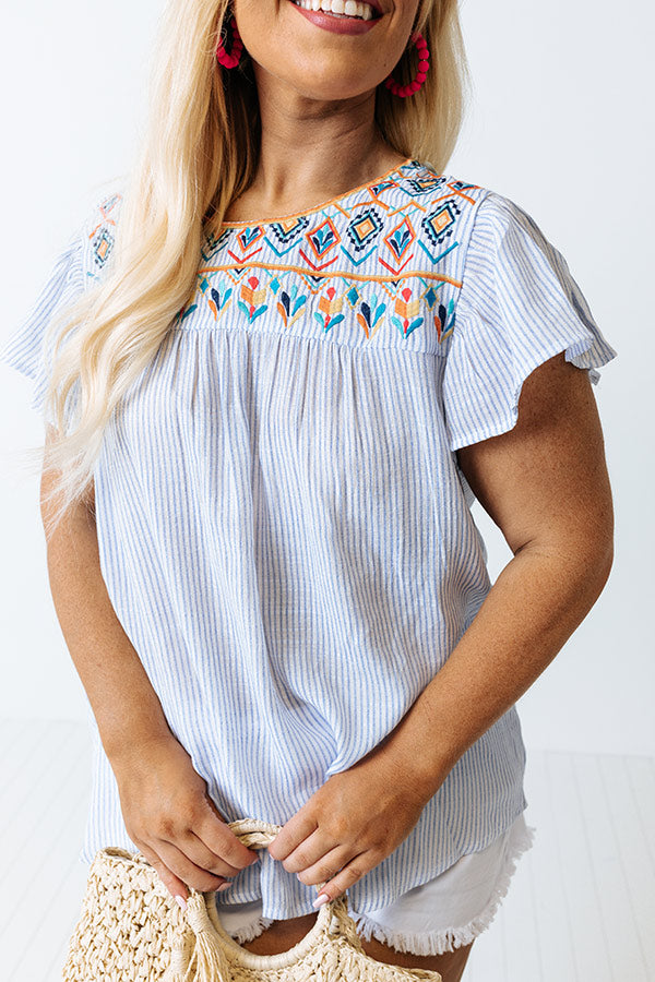 Long Ago Embroidered Shift Top In Blue Curves • Impressions Online Boutique