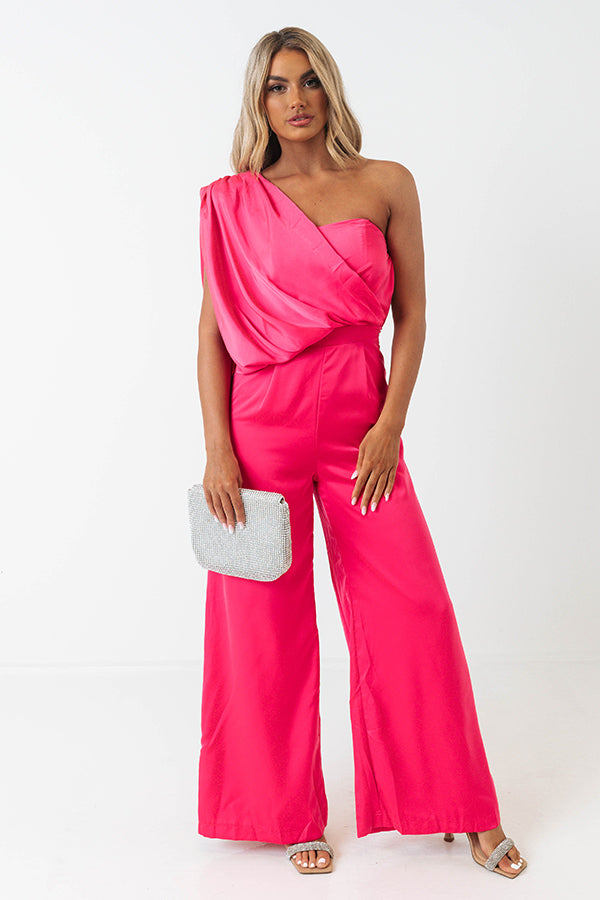 House In The Hills One Shoulder Jumpsuit In Hot Pink