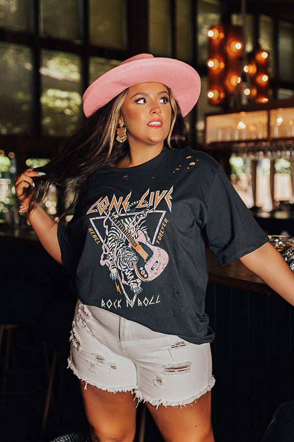 Long Live Rock N Roll Tiger Distressed Boyfriend Tee In Vintage Black Curves Image - 1