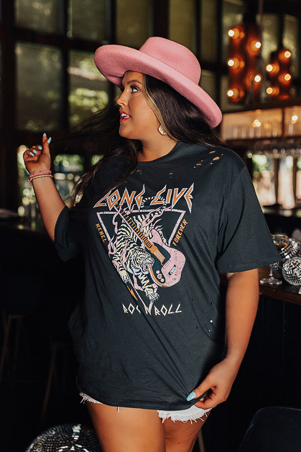Long Live Rock N Roll Tiger Distressed Boyfriend Tee In Vintage Black Curves Image - 1