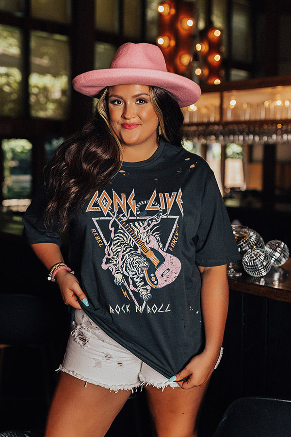Long Live Rock N Roll Tiger Distressed Boyfriend Tee In Vintage Black Curves Image - 1