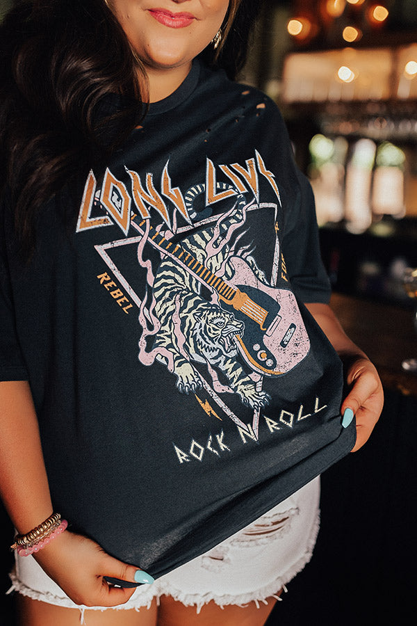 Long Live Rock N Roll Tiger Distressed Boyfriend Tee In Vintage Black Curves Image - 1