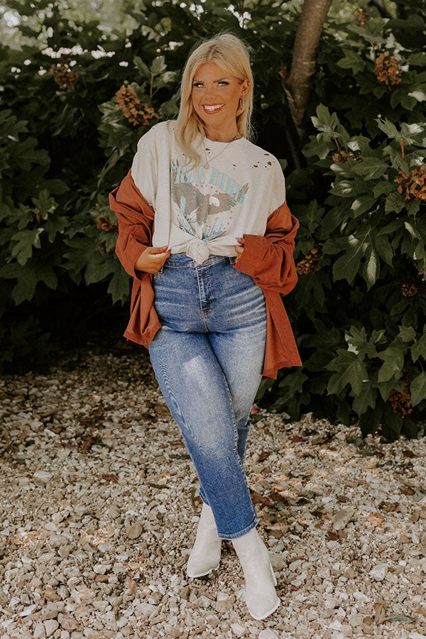 Free Bird Vintage Graphic Distressed Boyfriend Tee In Stone Curves Image - 1