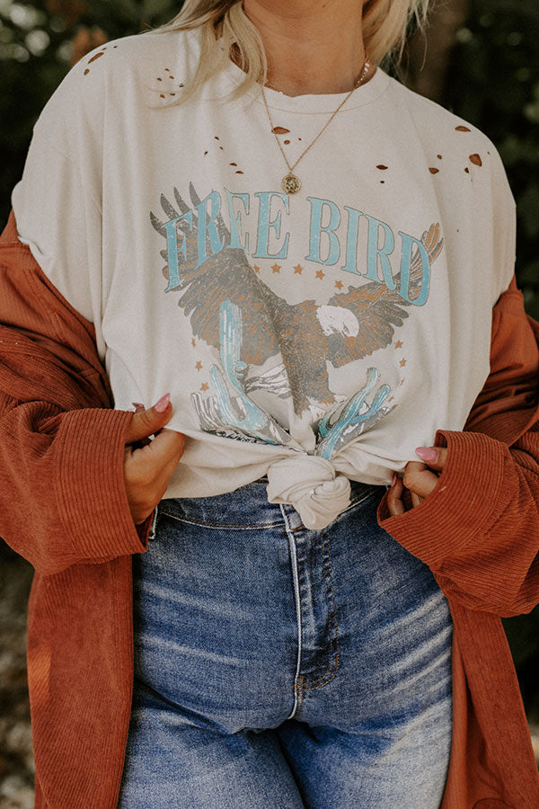 Free Bird Vintage Graphic Distressed Boyfriend Tee In Stone Curves Image - 1