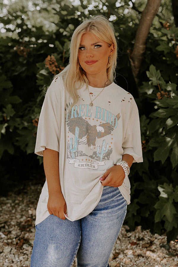 Free Bird Vintage Graphic Distressed Boyfriend Tee In Stone Curves Image - 1