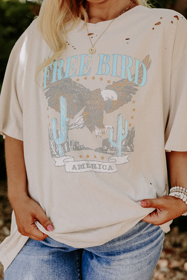 Free Bird Vintage Graphic Distressed Boyfriend Tee In Stone Curves Image - 1