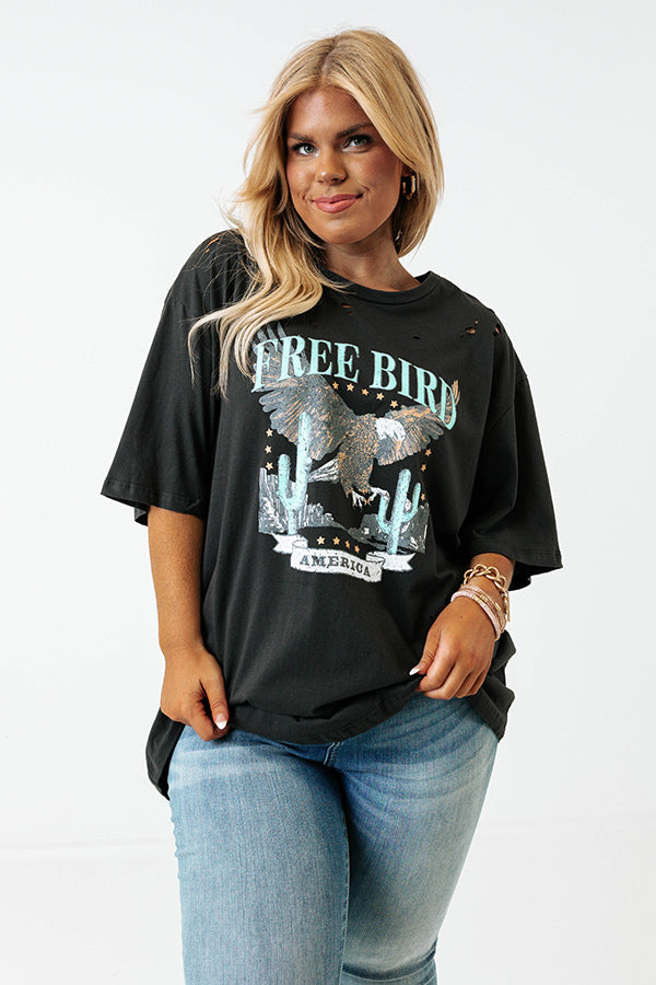 Free Bird Vintage Graphic Distressed Boyfriend Tee In Black Curves Image - 1