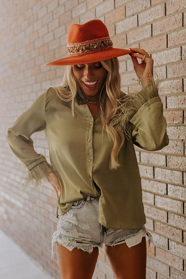 Tuscan Vibes Button Up Feather Top In Sage