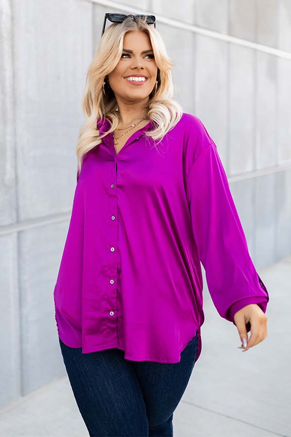 East Of Everything Satin Button Up In Fuchsia Curves Image - 2