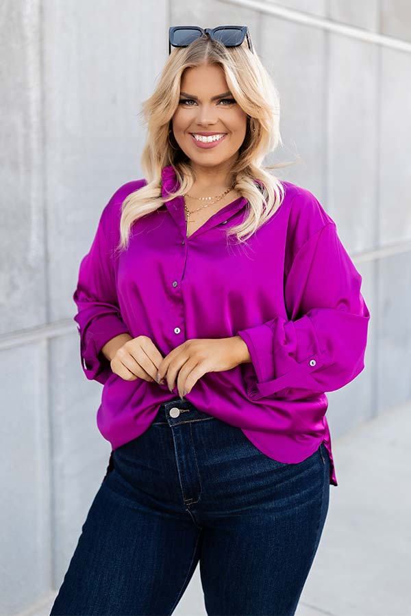 East Of Everything Satin Button Up In Fuchsia Curves Image - 1