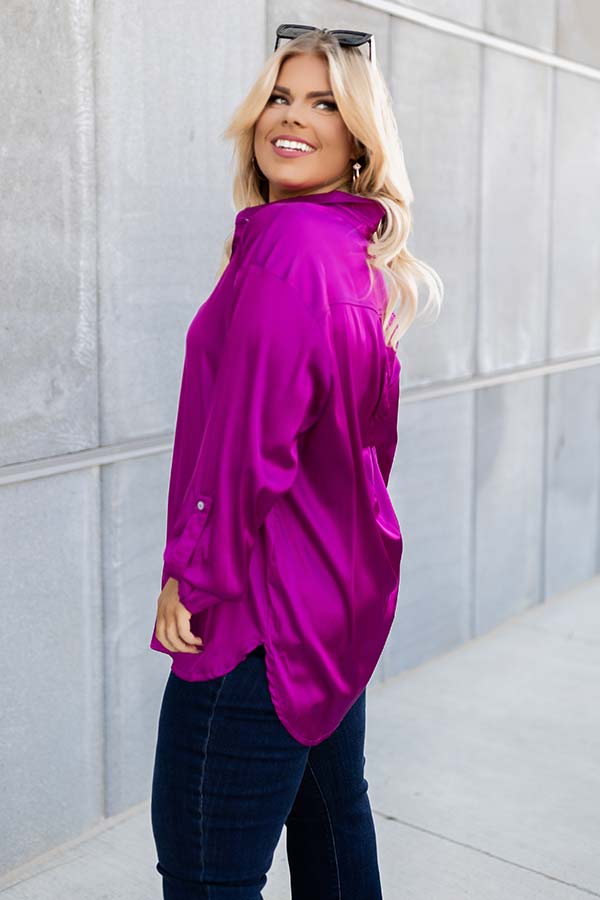 East Of Everything Satin Button Up In Fuchsia Curves Image - 3