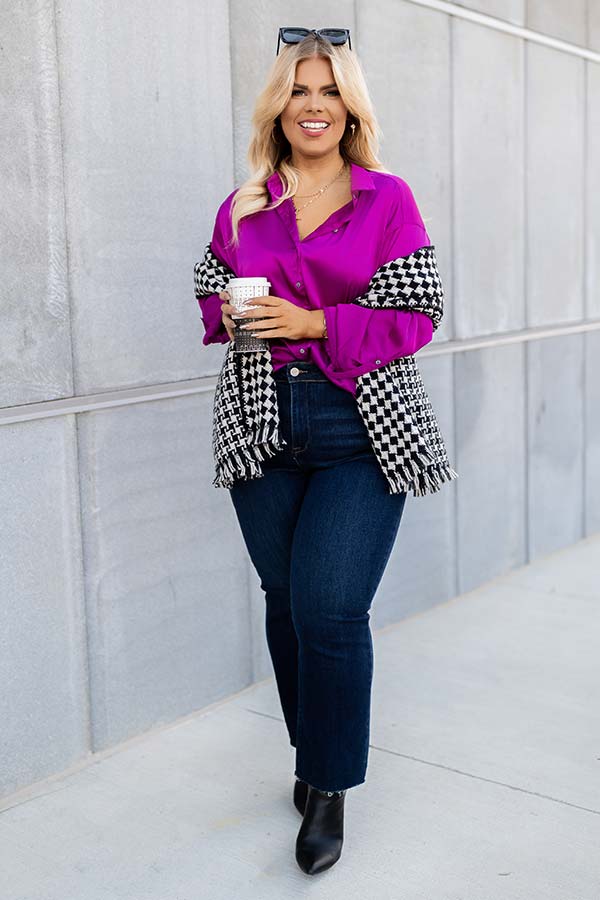 East Of Everything Satin Button Up In Fuchsia Curves Image - 5