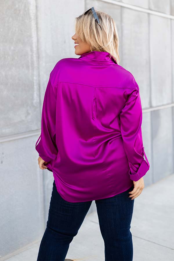 East Of Everything Satin Button Up In Fuchsia Curves Image - 4