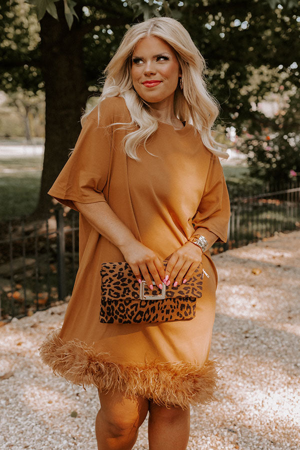 Do It With Pizazz Feather T-Shirt Dress In Camel Curves