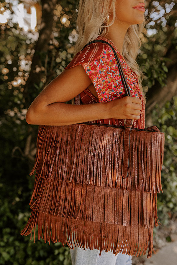 Point The Way Fringe Tote In Brown