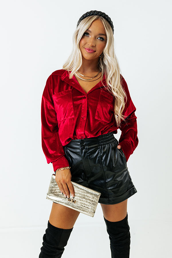 Seasonal Sweetness Velvet Button Up In Red Image - 5