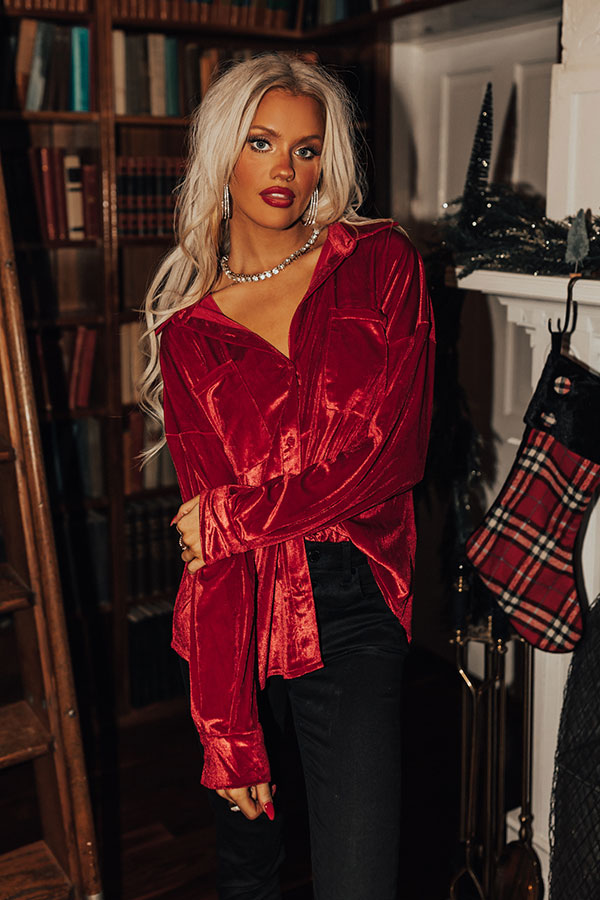 Seasonal Sweetness Velvet Button Up In Red Image - 2