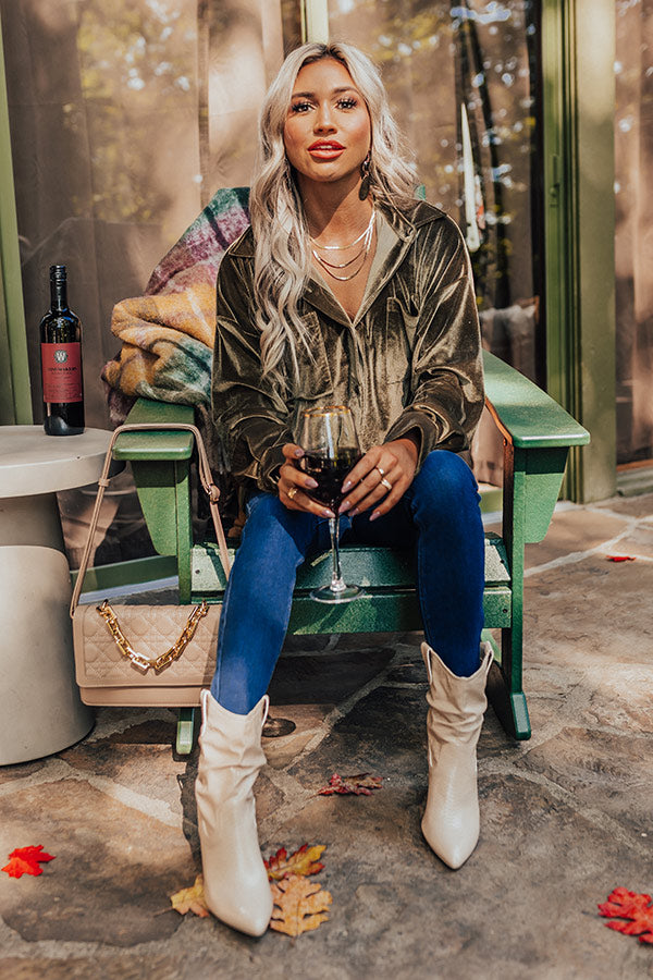 Seasonal Sweetness Velvet Button Up In Olive Image - 2