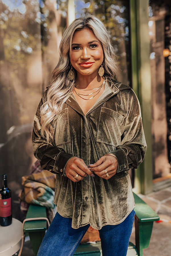 Seasonal Sweetness Velvet Button Up In Olive Image - 5