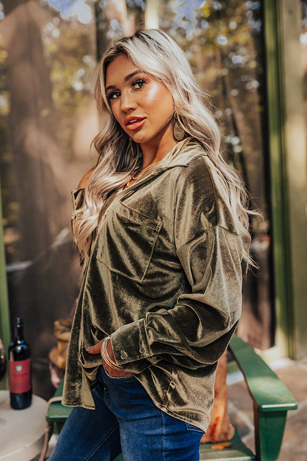 Seasonal Sweetness Velvet Button Up In Olive Image - 4