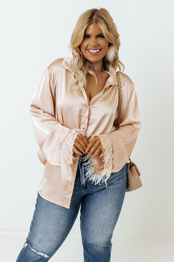 Tuscan Vibes Button Up Feather Top In Beige Curves