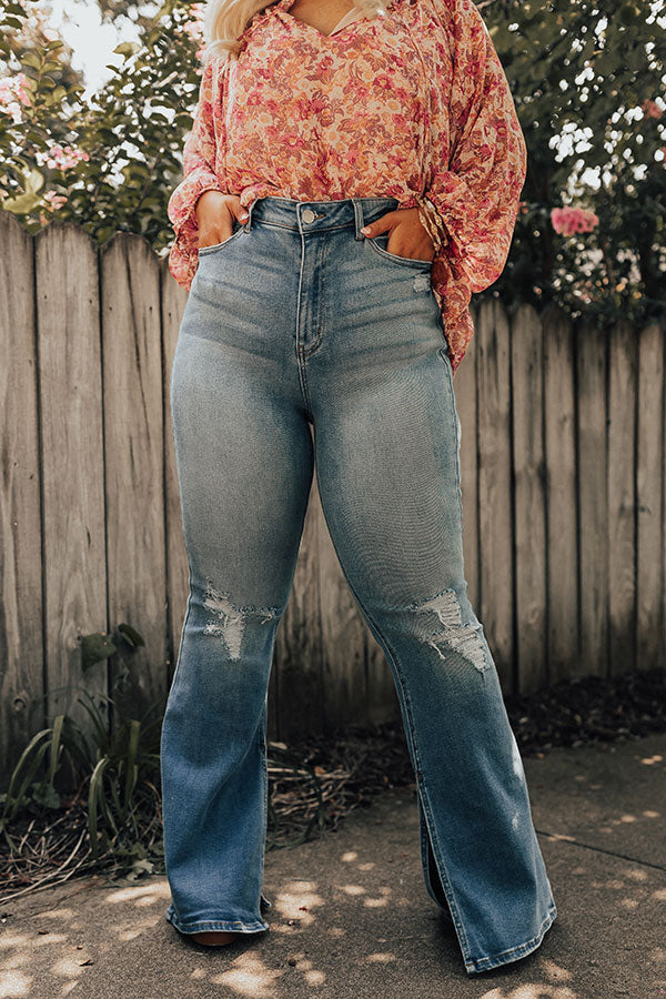 The Margot High Waist Distressed Flare in Medium Wash Curves Image - 5