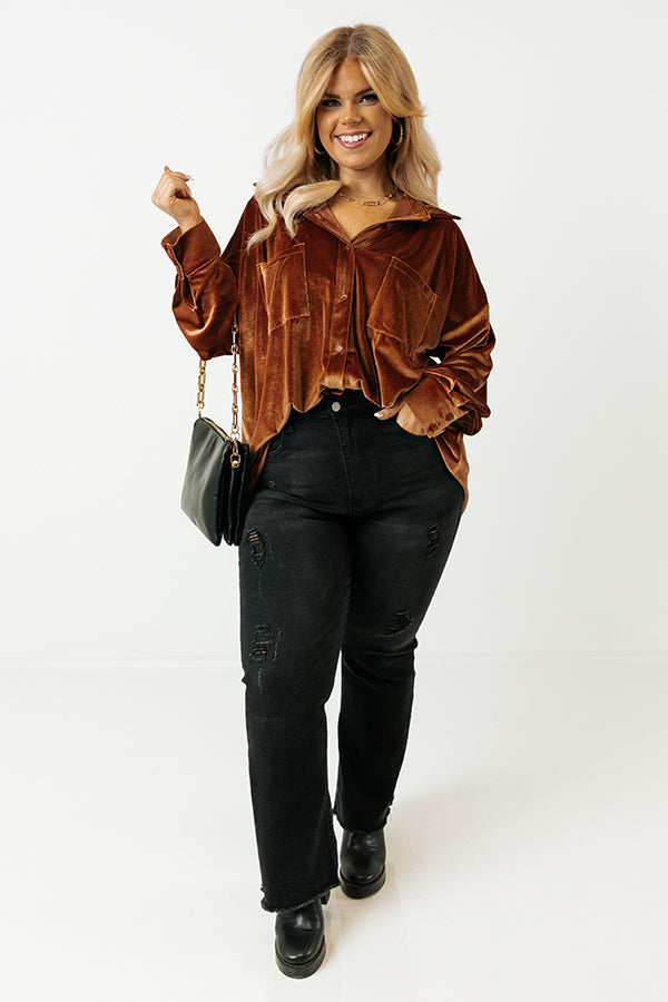 Seasonal Sweetness Velvet Button Up In Camel Curves Image - 2