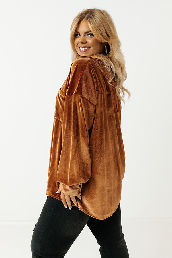 Seasonal Sweetness Velvet Button Up In Camel Curves Image - 3
