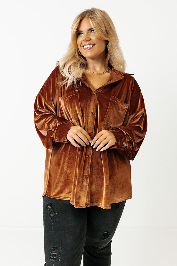 Seasonal Sweetness Velvet Button Up In Camel Curves Image - 5