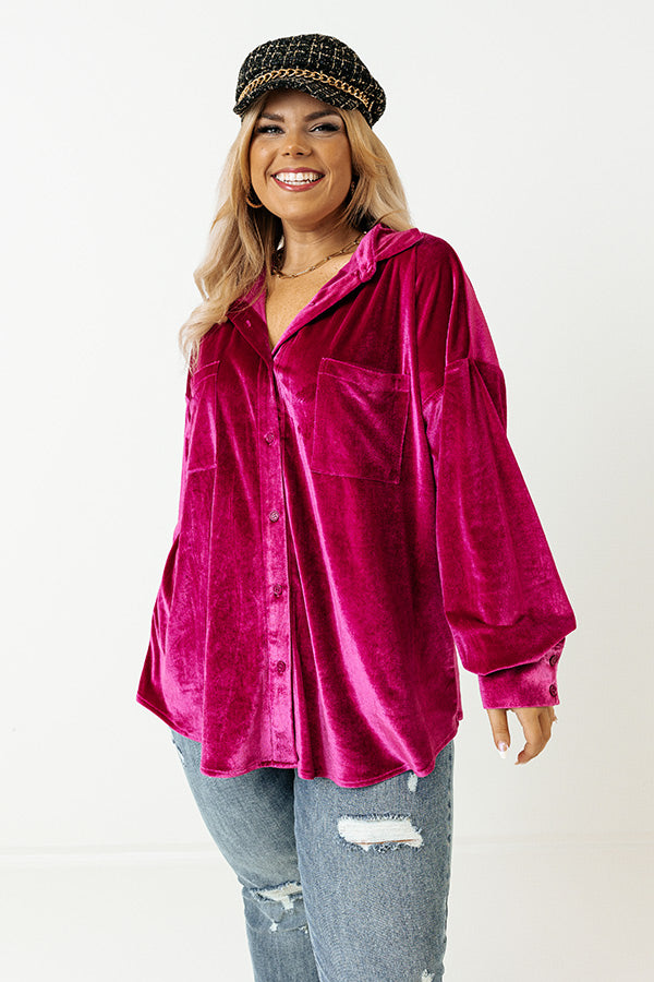 Seasonal Sweetness Velvet Button Up In Fuchsia Curves Image - 5