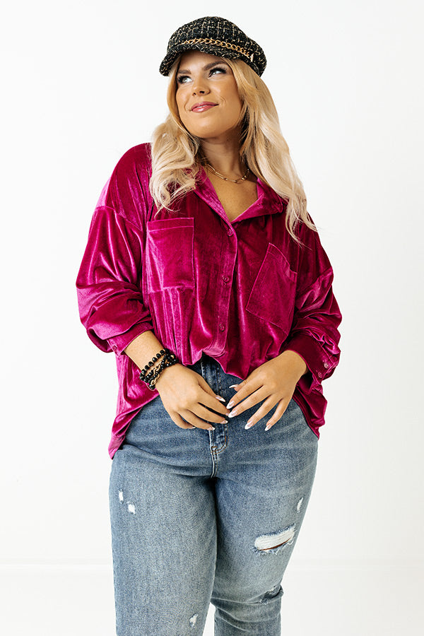 Seasonal Sweetness Velvet Button Up In Fuchsia Curves Image - 2