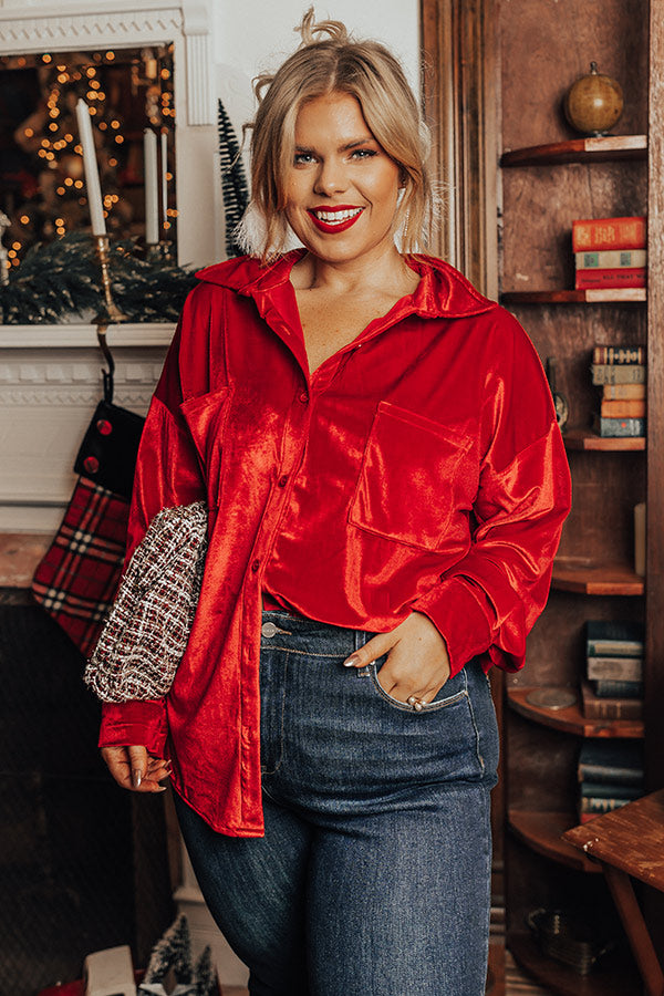 Seasonal Sweetness Velvet Button Up In Red Curves Image - 3