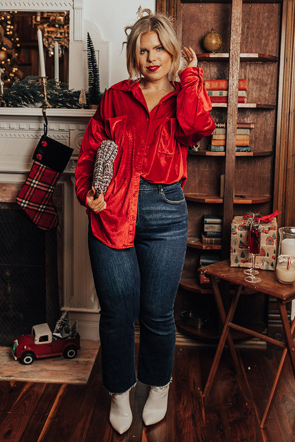 Seasonal Sweetness Velvet Button Up In Red Curves Image - 1